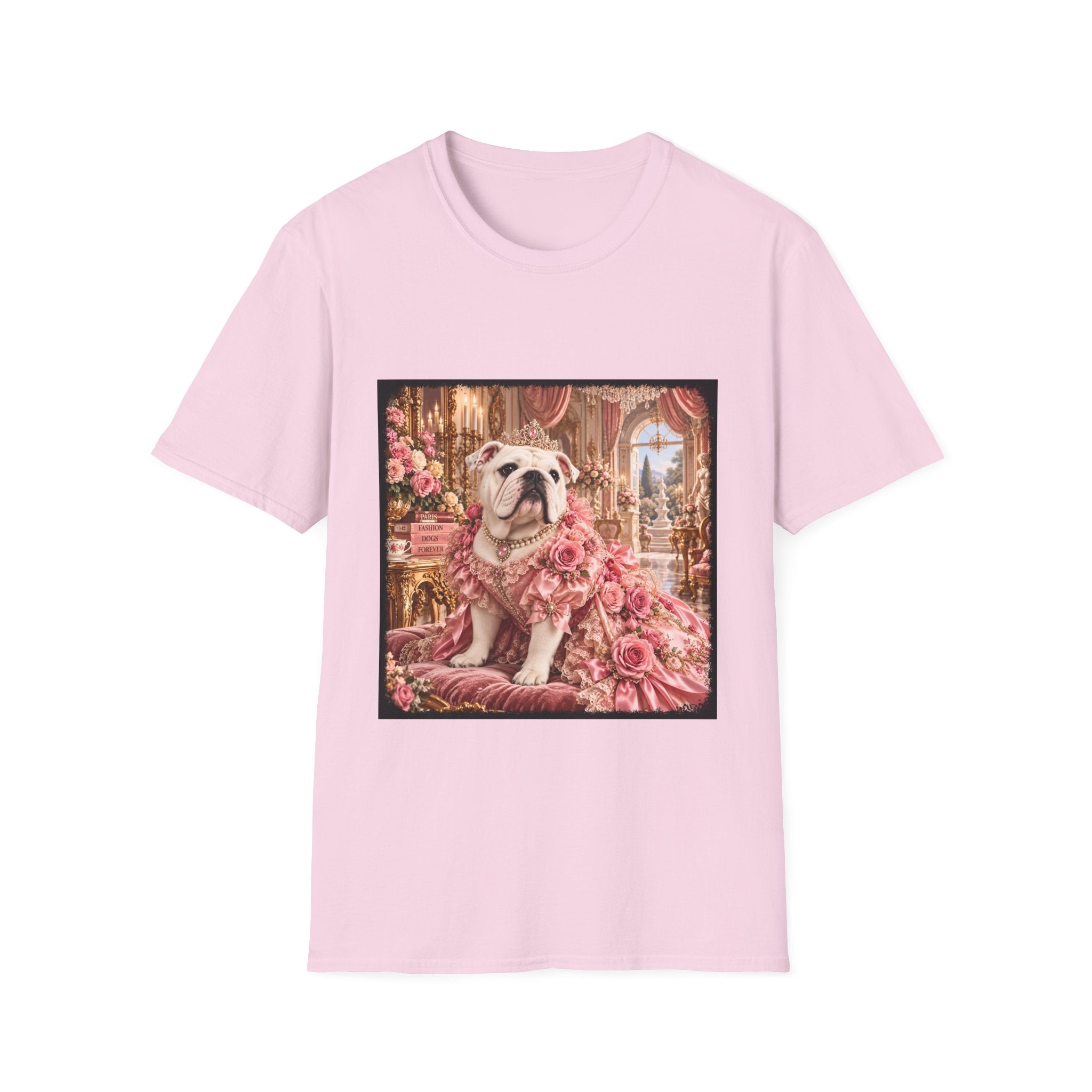 A light pink short-sleeve crewneck t-shirt featuring a square graphic print of an English Bulldog dressed in a pink floral Victorian gown, set against a clean white background.