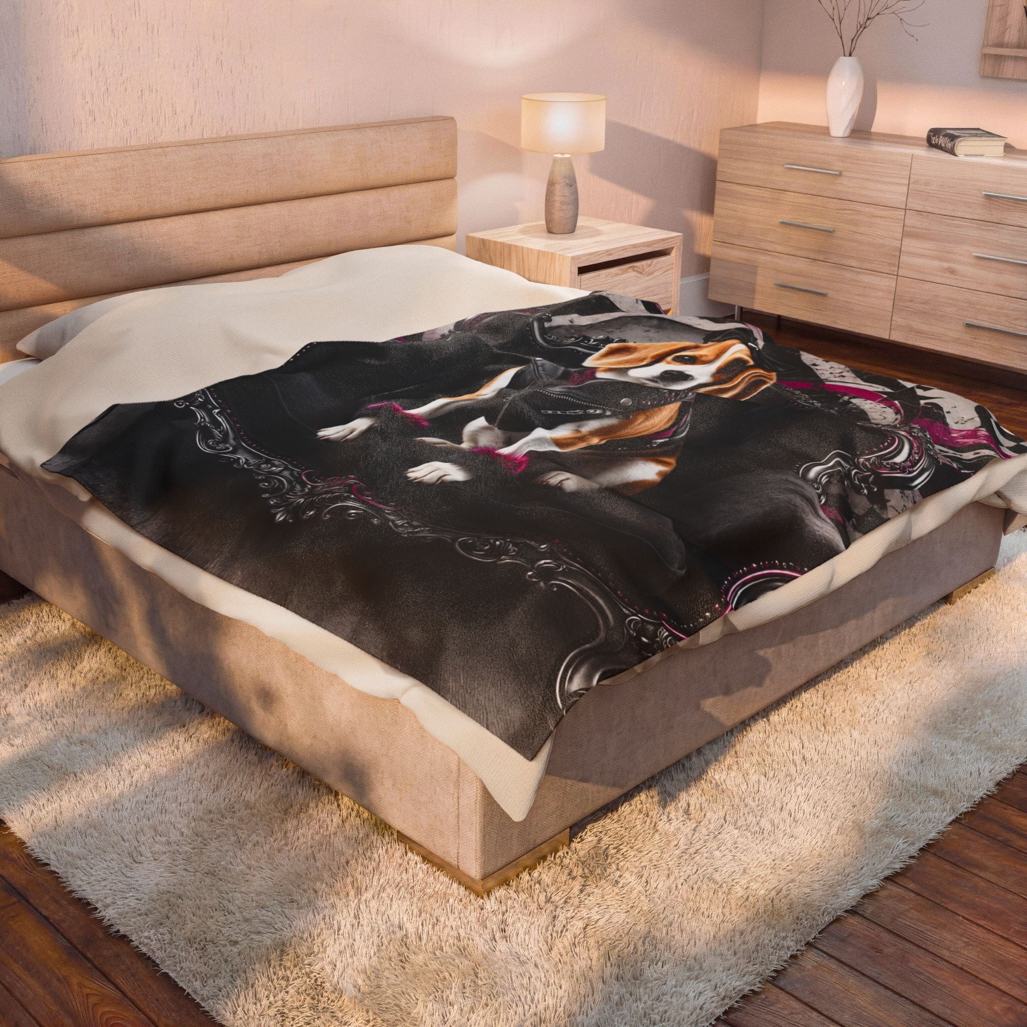 Black and magenta gothic-style Beagle Blanket draped over an ornate black chair, featuring a beagle wearing a leather jacket and bow tie.