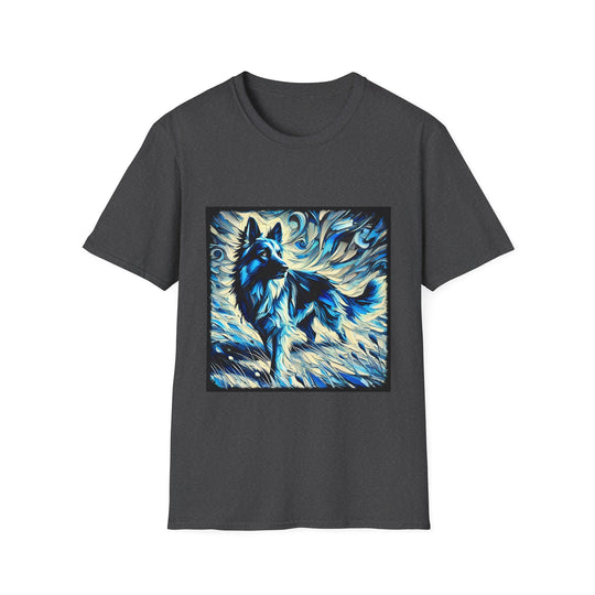German Shepherd Blue Winter Swirl design dog lover unisex t-shirt in dark heather