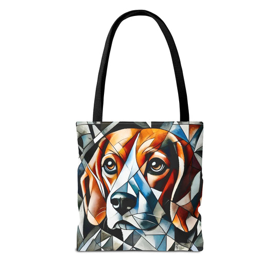 A tote bag with black shoulder straps, featuring a colorful geometric art print of a Beagle's  face in shades of orange, brown, white, and blue on a white background.