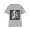White Afghan Hound with flowing hair, featured on a stylish ice grey dog t-shirt against a soft background.