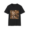 A black short-sleeve crewneck t-shirt featuring a square graphic print of an elegant bulldog wearing a royal crown and robe in a golden palace setting.