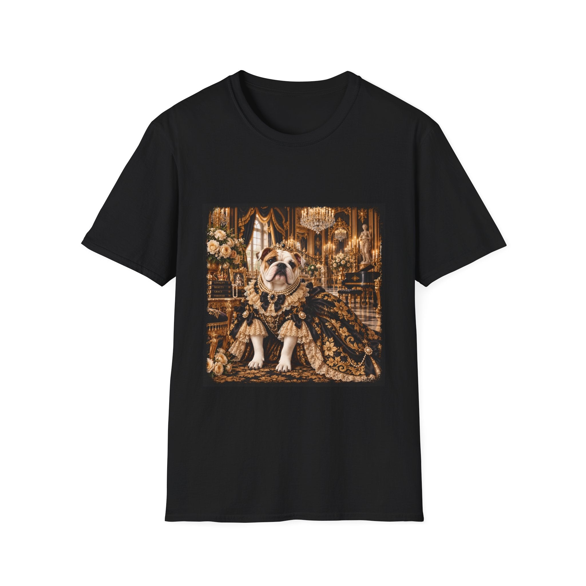 A black short-sleeve crewneck t-shirt featuring a square graphic print of an elegant bulldog wearing a royal crown and robe in a golden palace setting.