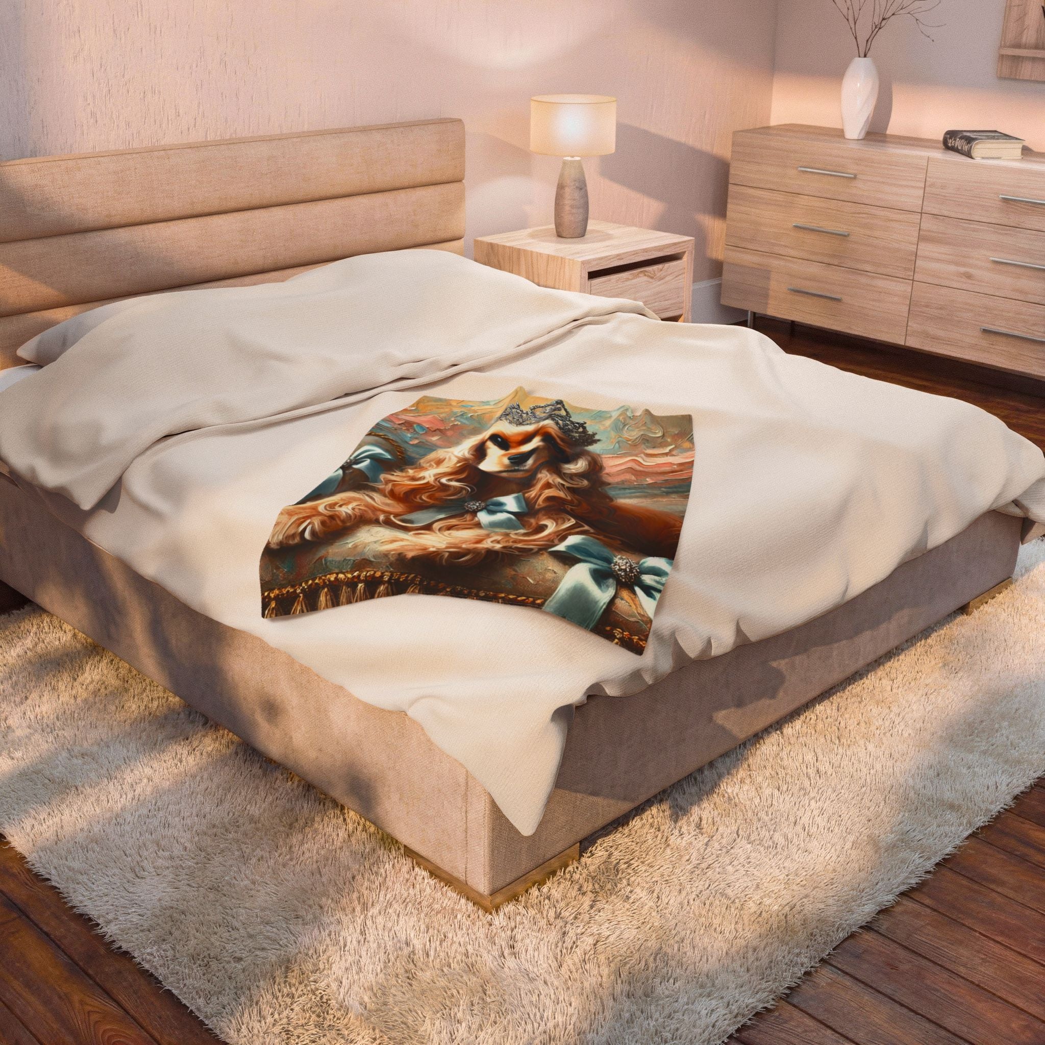 A bed in a styled bedroom with beige upholstered headboard and footboard, cream bedding, and a colorful classical painting draped across the lower portion of the bedspread. Cocker Spaniel velveteen plush blanket featuring the "Diamond Tiara Classic" design with elegant diamond tiara-inspired artwork for Cocker Spaniel lovers.
