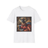 White dog t-shirt featuring boxer in ornate red gown and tiara seated on royal blue armchair.