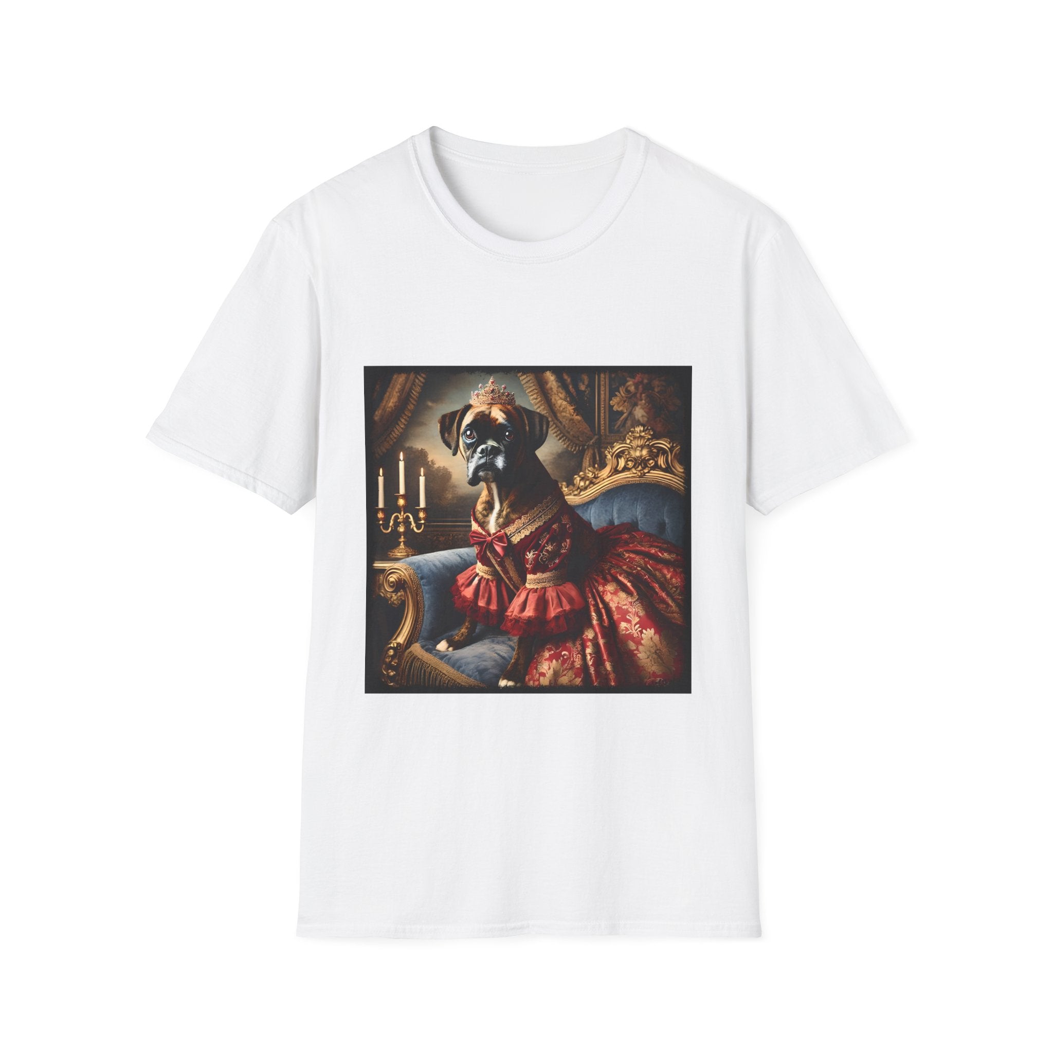 White dog t-shirt featuring boxer in ornate red gown and tiara seated on royal blue armchair.