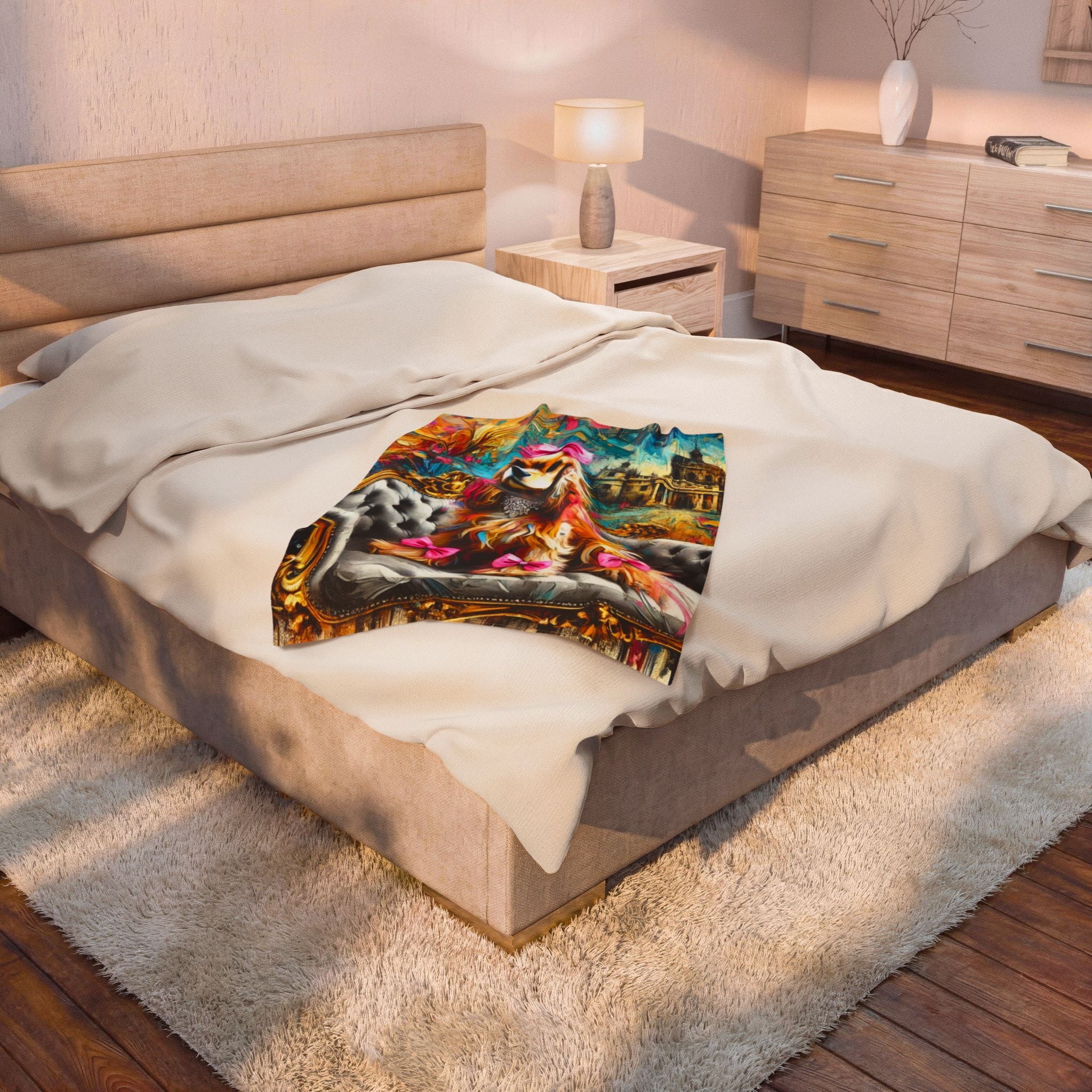 A bed in a styled bedroom setting with cream bedding and a colorful printed blanket featuring a fantasy scene with a horse and a black cat.