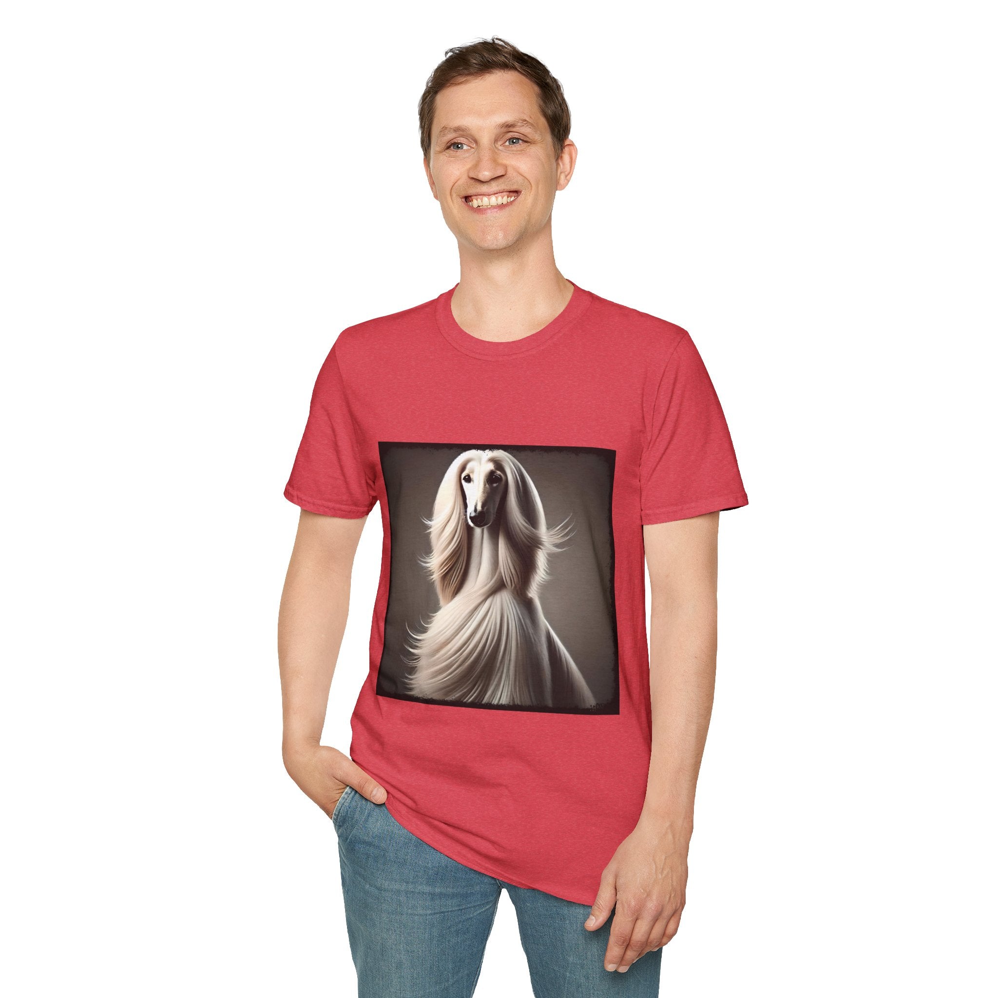 Front view of man wearing  red dog t-shirt featuring a White Afghan Hound with flowing hair, set against a soft background