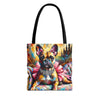 A tote bag with black handles featuring a colorful, painterly illustration of a French Bulldog wearing pink bows and a jeweled collar, set against a plain white background.