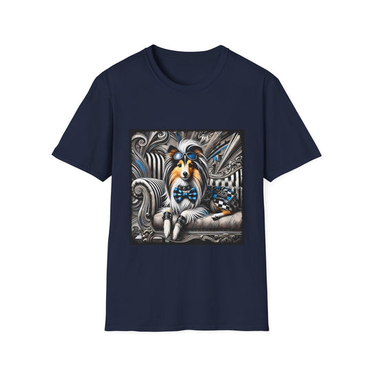 Shetland Sheepdog Blue Checkered Rocker design dog lover unisex t-shirt in navy