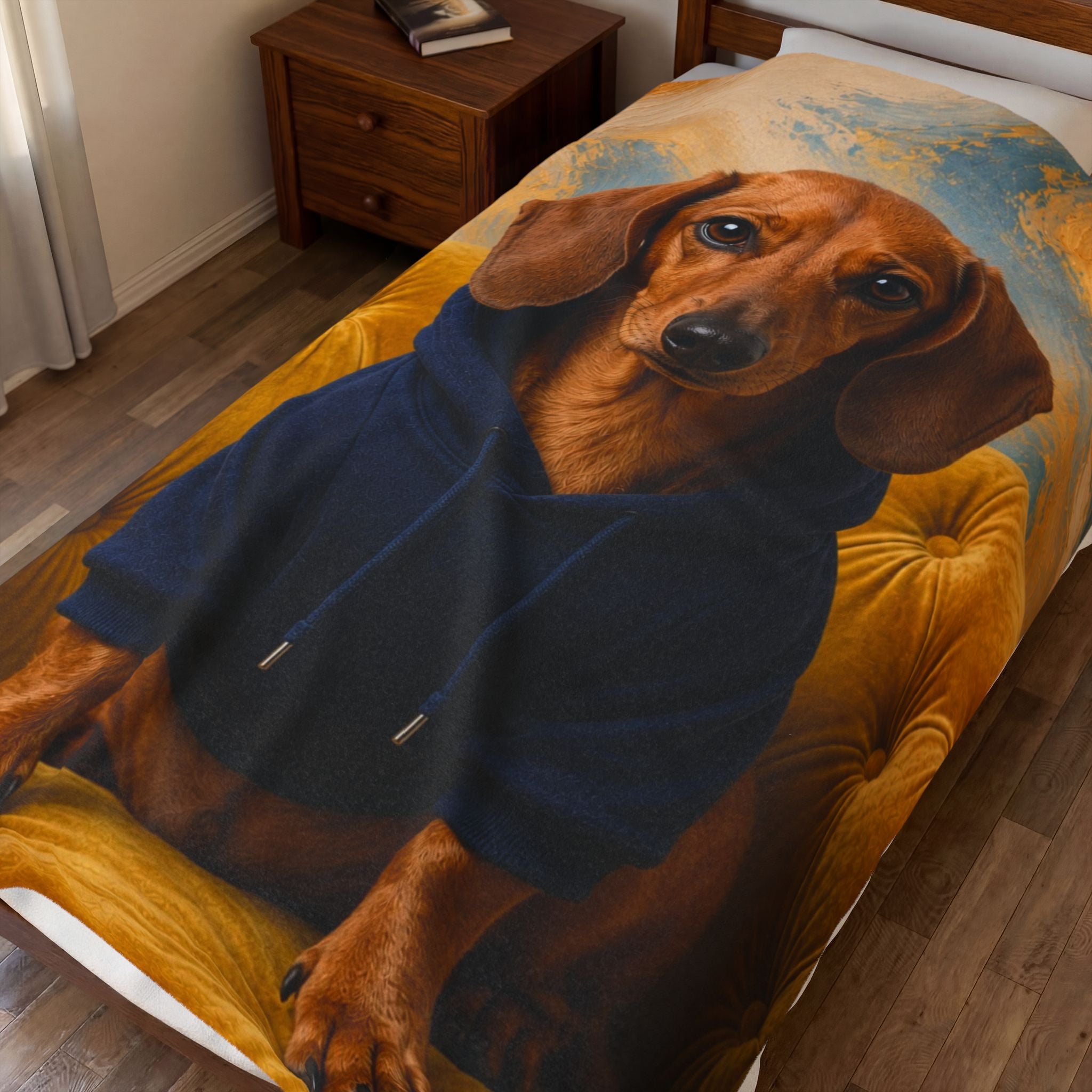 A custom pet portrait printed on a duvet cover or comforter, featuring a dachshund wearing a navy blue hoodie, styled on a bed in a bedroom setting.