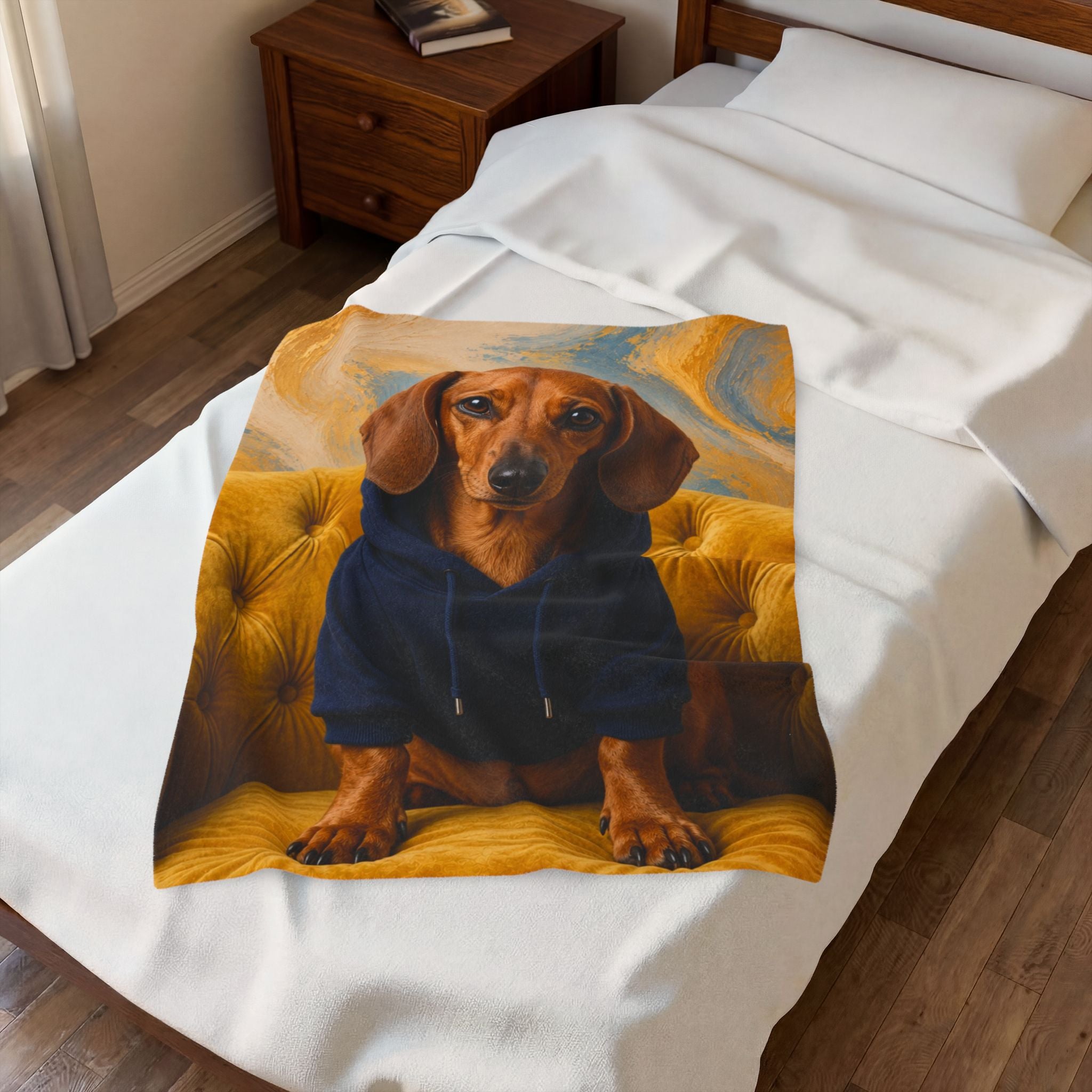 A white bedding set on a bed in a bedroom, featuring a printed throw blanket with a custom pet portrait of a dachshund wearing a navy hoodie and sitting on a yellow tufted chair.