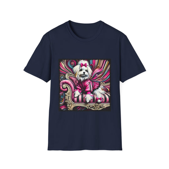 Maltese Pink Swirl design dog lover unisex t-shirt in navy