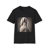 White Afghan Hound with flowing hair, featured on a stylish black  dog t-shirt against a soft background.