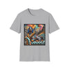 Sport gray dog t-shirt featuring coonhound on teal settee wearing ornate gold-trimmed robe with silk scarf.