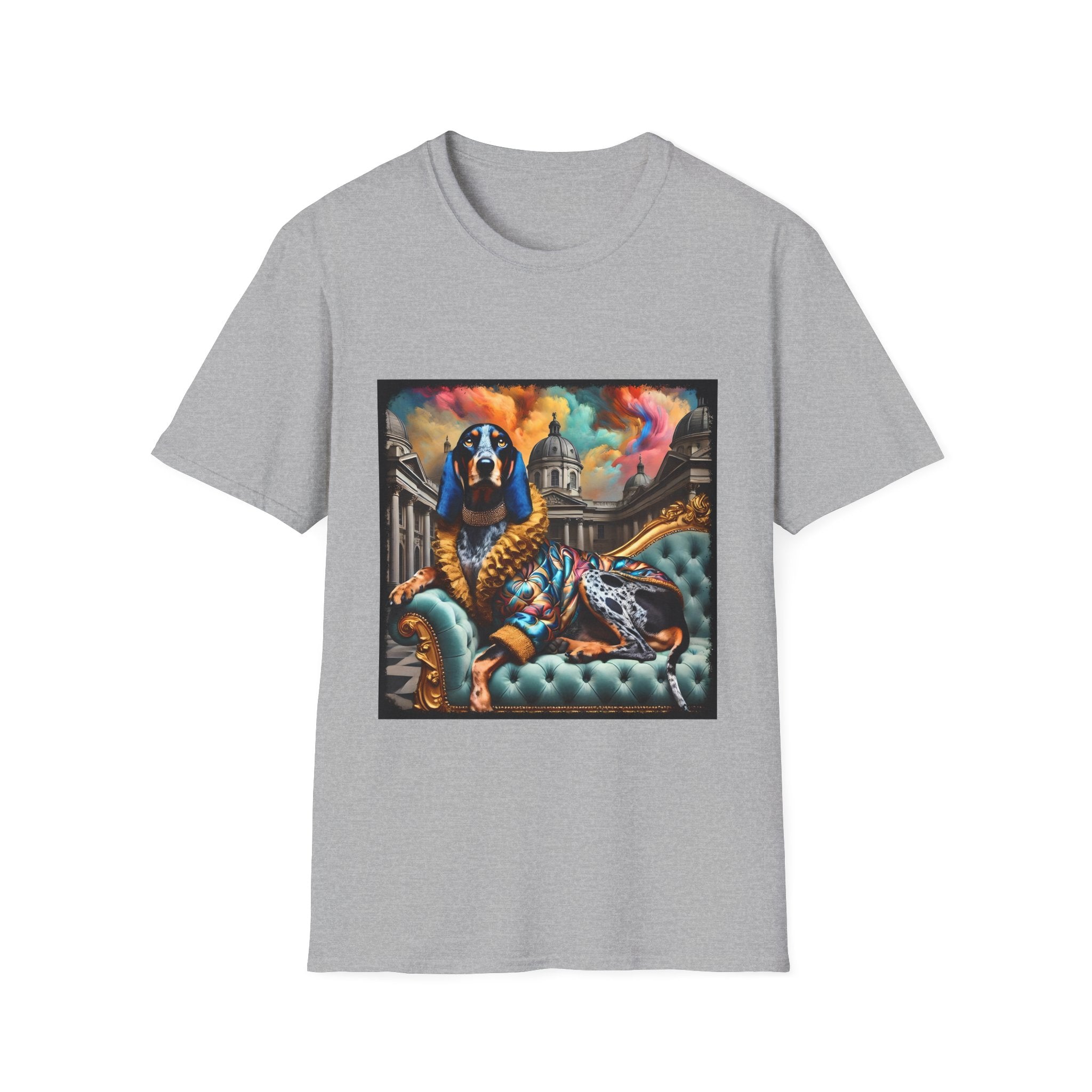 Sport gray dog t-shirt featuring coonhound on teal settee wearing ornate gold-trimmed robe with silk scarf.
