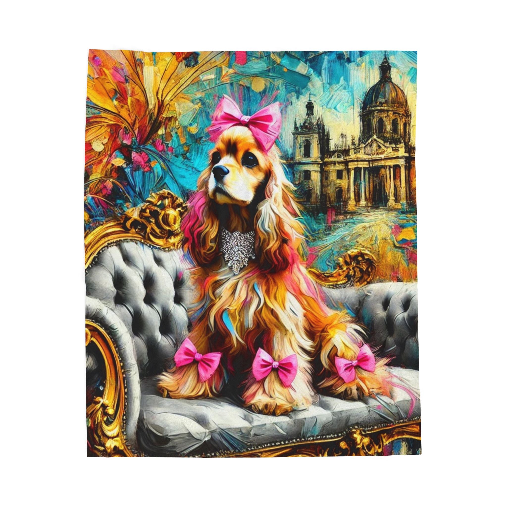 A colorful art print featuring a long-haired cocker spaniel with pink bows sitting on an ornate gray tufted sofa, with a domed building and abstract floral background.