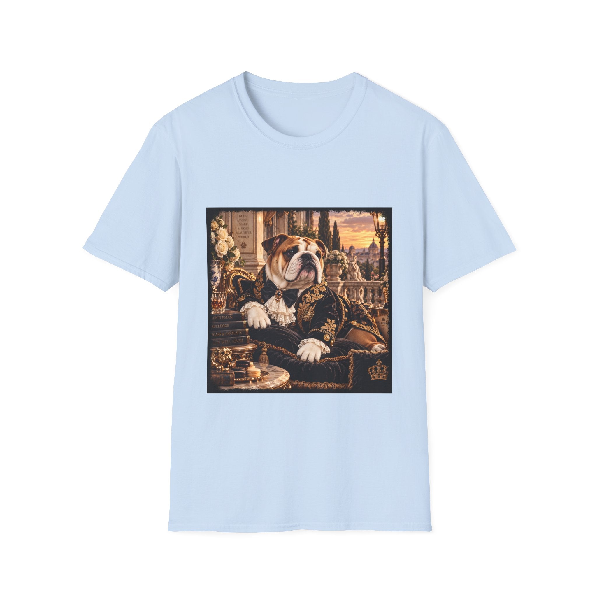 A light blue short-sleeve crewneck t-shirt featuring a square graphic print of an English Bulldog dressed in ornate historical royal attire, set against a plain white background.