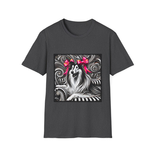 Collie B&W Pink Bow design dog lover unisex t-shirt in dark heather