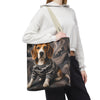 A person wearing a white cropped hoodie and black sweatpants carries a canvas tote bag over their shoulder. The tote bag features a printed illustration of a beagle dog wearing a gray and black camouflage sweater, set against a dark, smoky background.