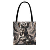 A tote bag with black handles featuring a printed graphic of a French Bulldog wearing a bow and a camouflage-patterned dress, set against a swirling gray and white background.