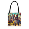 A tote bag with black shoulder straps, featuring a colorful printed design of a Boston Terrier dog in front of a stylized city skyline. The dog is decorated with swirling multicolor patterns, and the background of the print includes houses, trees, and park elements.