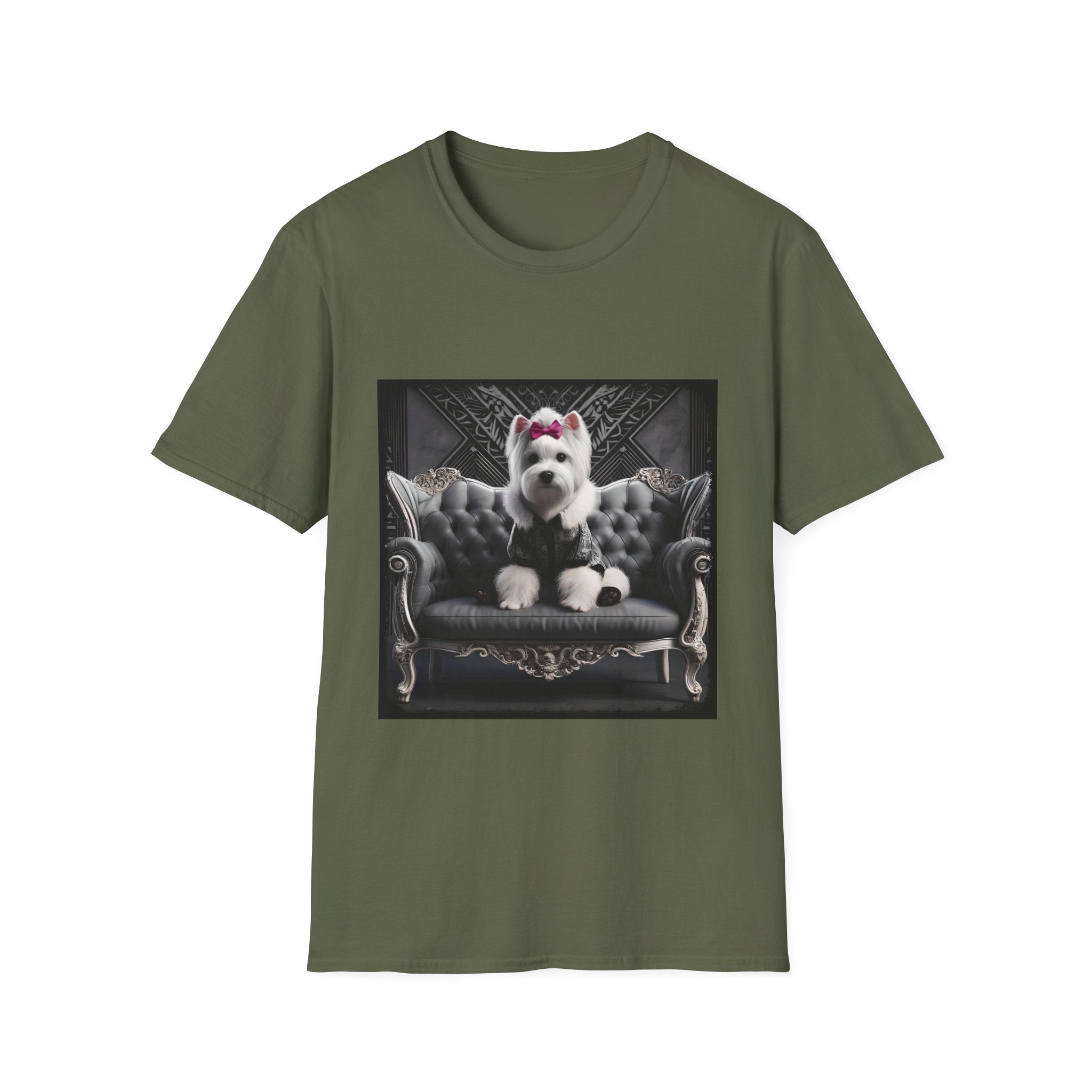 Military green dog t-shirt featuring Westie in black outfit with pink bow seated on ornate gothic black couch.