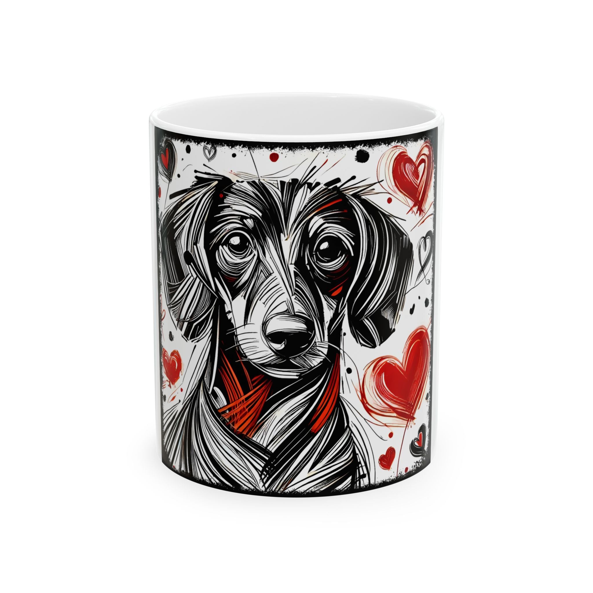 A white ceramic mug featuring a stylized black and white sketch of a dachshund with red hearts and paint splatter details on a white background.