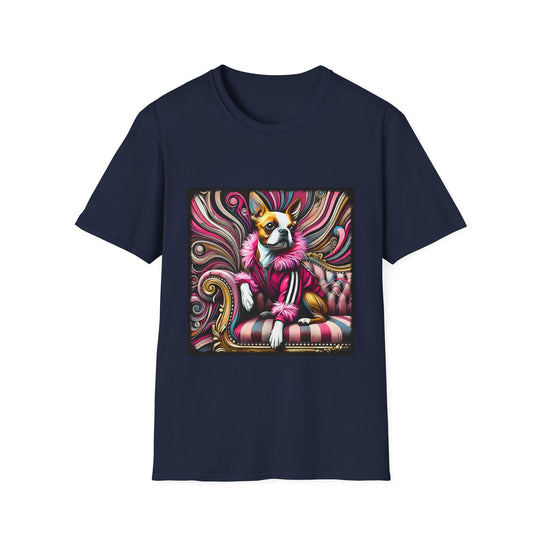 Boston Terrier Pink Rocker design dog lover unisex t-shirt in navy