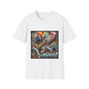 White dog t-shirt featuring coonhound on teal settee wearing ornate gold-trimmed robe with silk scarf.