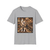 A light gray crewneck t-shirt featuring a square graphic print of an elegant bulldog dressed in a luxurious, ornate gold and brown robe within a grand, chandelier-filled room.