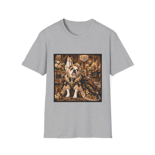 A light gray crewneck t-shirt featuring a square graphic print of an elegant bulldog dressed in a luxurious, ornate gold and brown robe within a grand, chandelier-filled room.