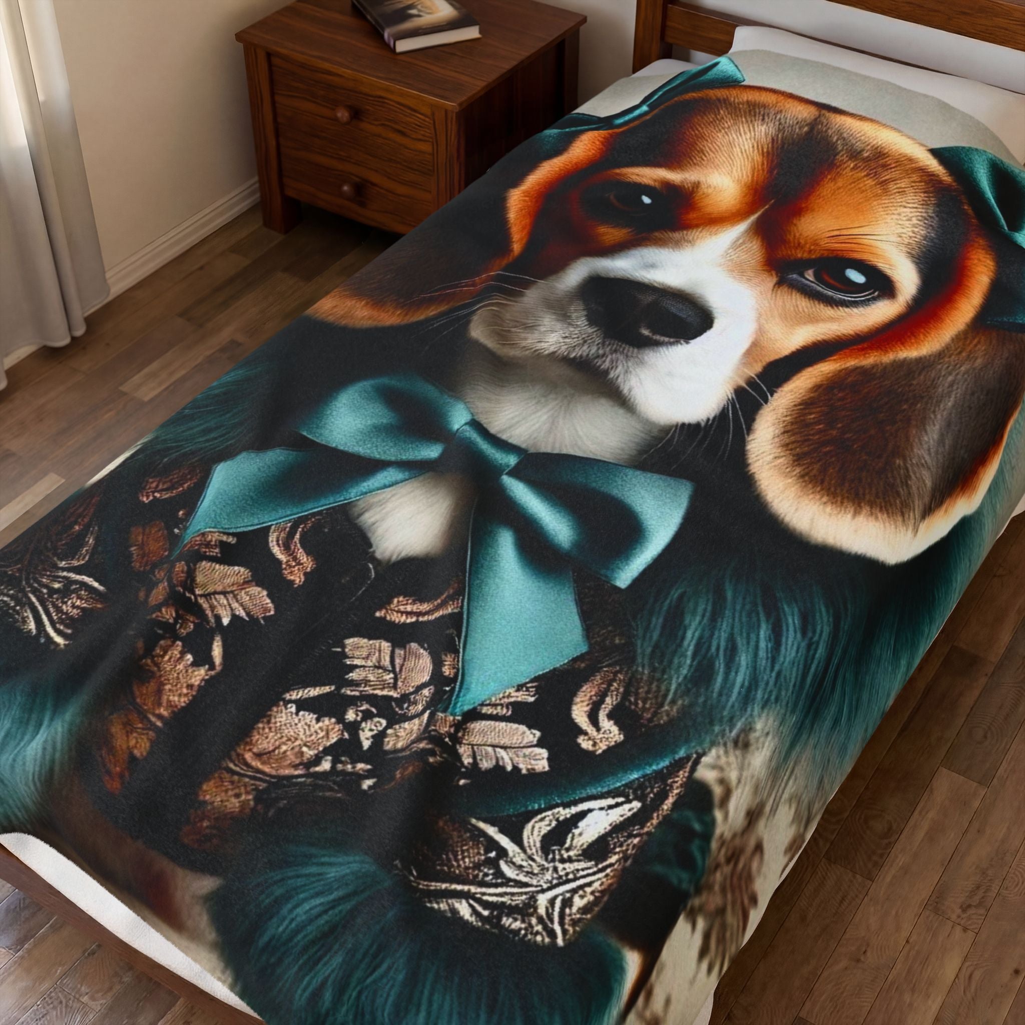 A close-up of a bed in a bedroom showing a printed blanket or comforter featuring a beagle dog portrait with a large teal bow and ornate dark patterned clothing. A wooden nightstand and wood floor are visible in the room.
