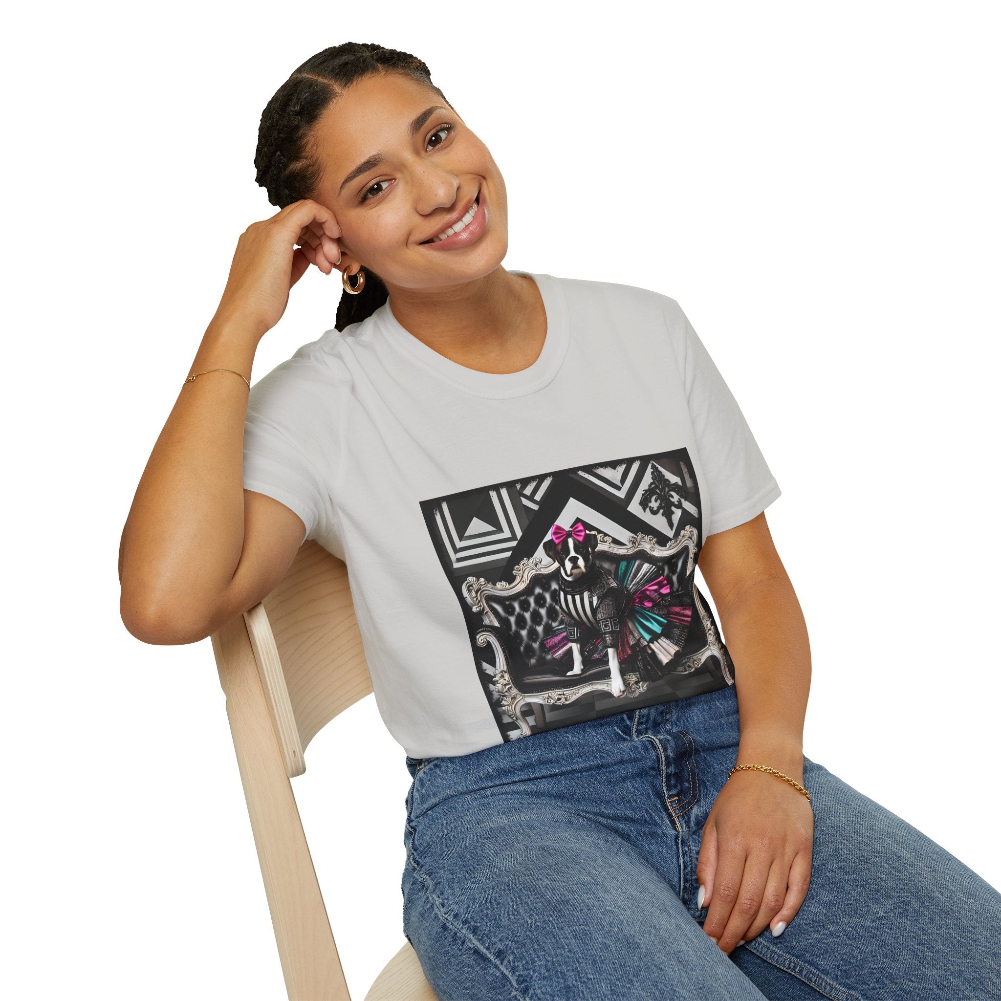 Female model in ice gray dog t-shirt with black and white boxer in pink bow and varsity dress in pleated skirt, bold geometric black backdrop.