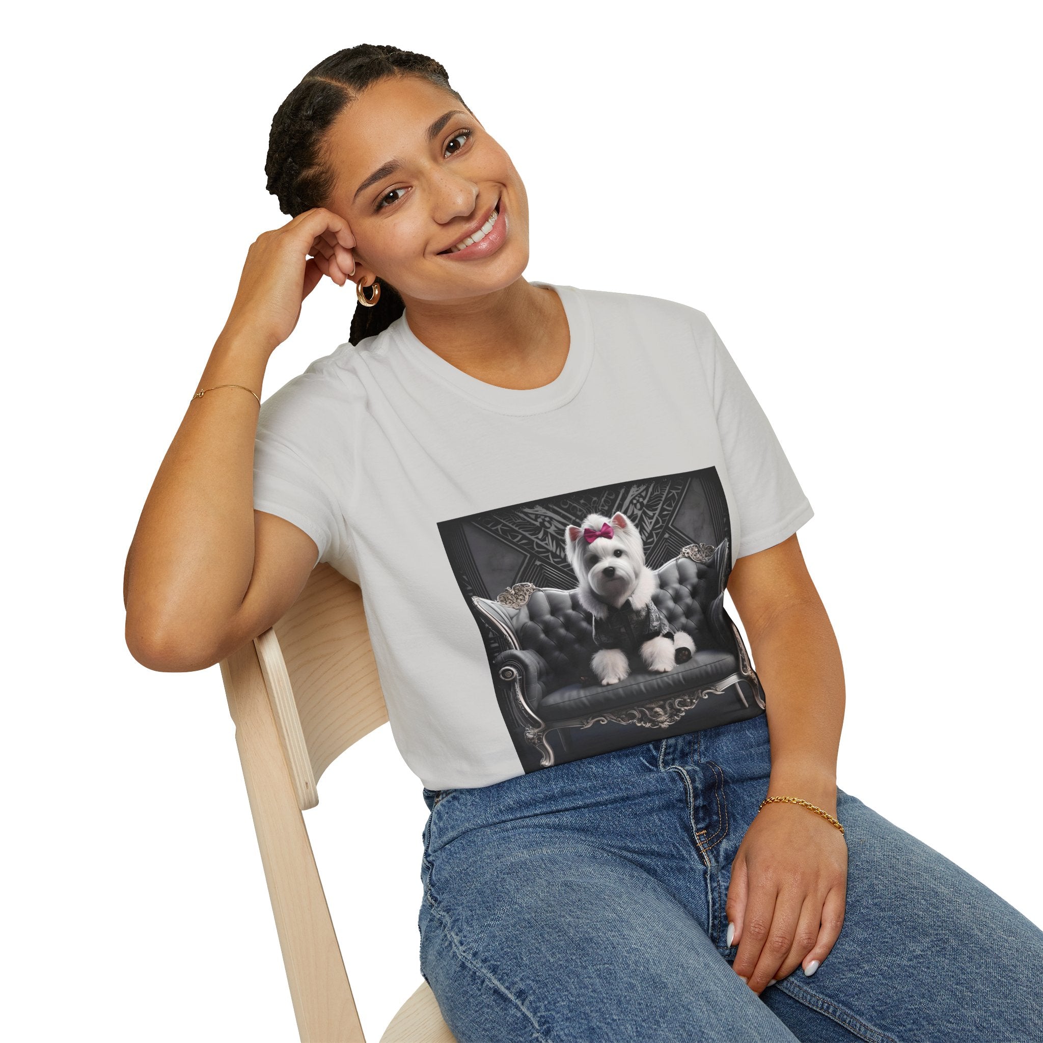 Female model in ice gray dog t-shirt featuring Westie in black outfit with pink bow seated on ornate gothic black couch.