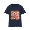 A navy blue short-sleeve crewneck t-shirt featuring a square graphic print of an elegant bulldog dressed in a pink floral gown, set against a plain white background.