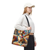 A woman wearing a white cap, white sweatshirt, and black pants carries a canvas tote bag featuring a colorful painting of a dachshund on a baroque chair.