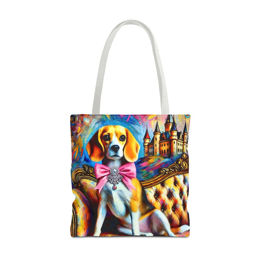 A white fabric tote bag featuring a colorful, painterly print of a beagle wearing a pink bow and sitting in front of a castle, shown against a plain white background.