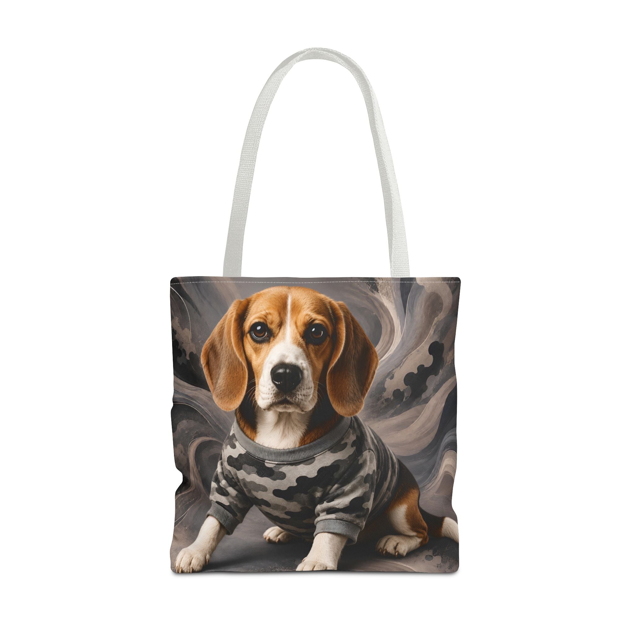 A tote bag with white shoulder straps, featuring a printed graphic of a beagle dog wearing a gray camouflage long-sleeve shirt against a smoky gray and brown background.