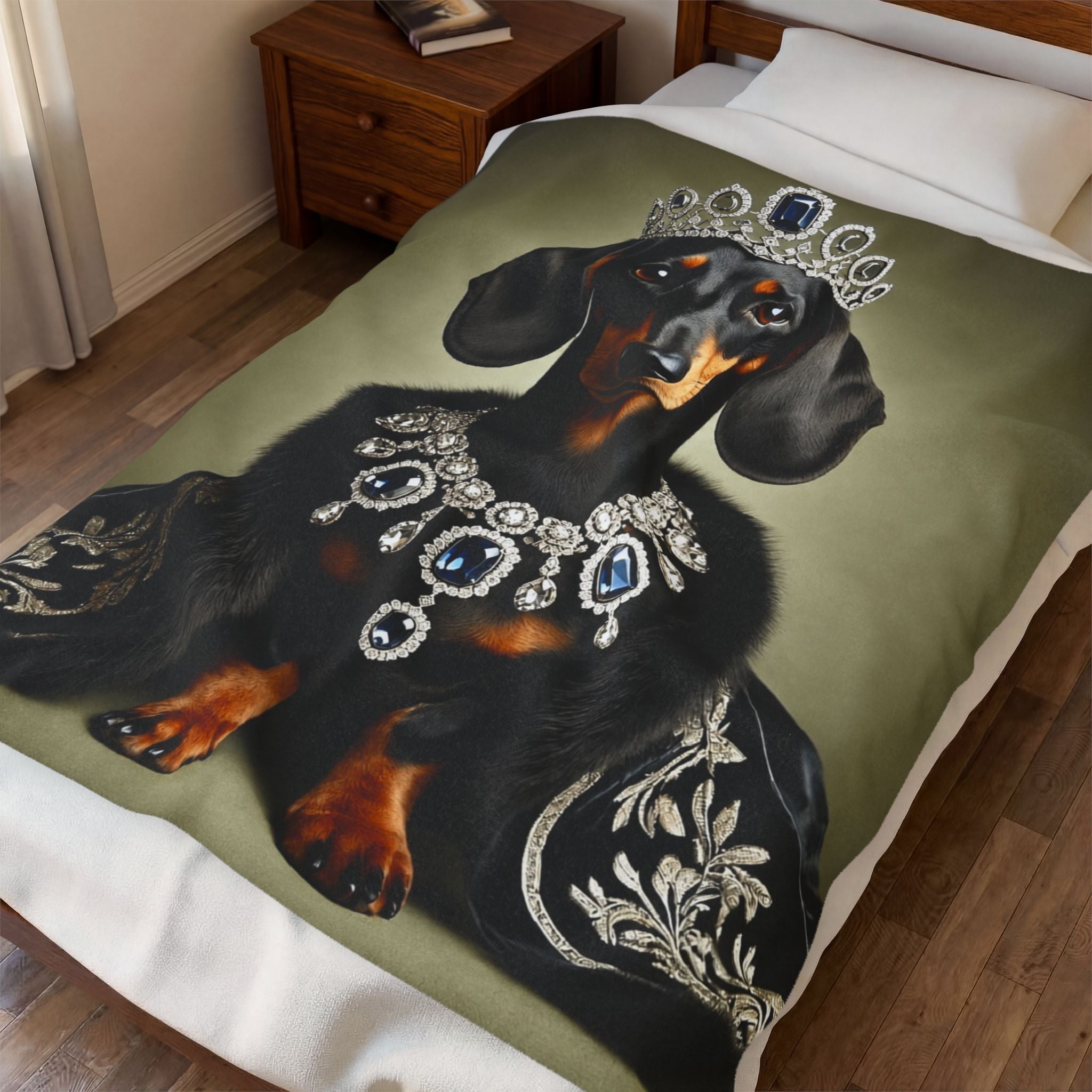 A blanket with a royal dachshund wearing a jeweled crown and necklace, styled on a bed in a bedroom setting.