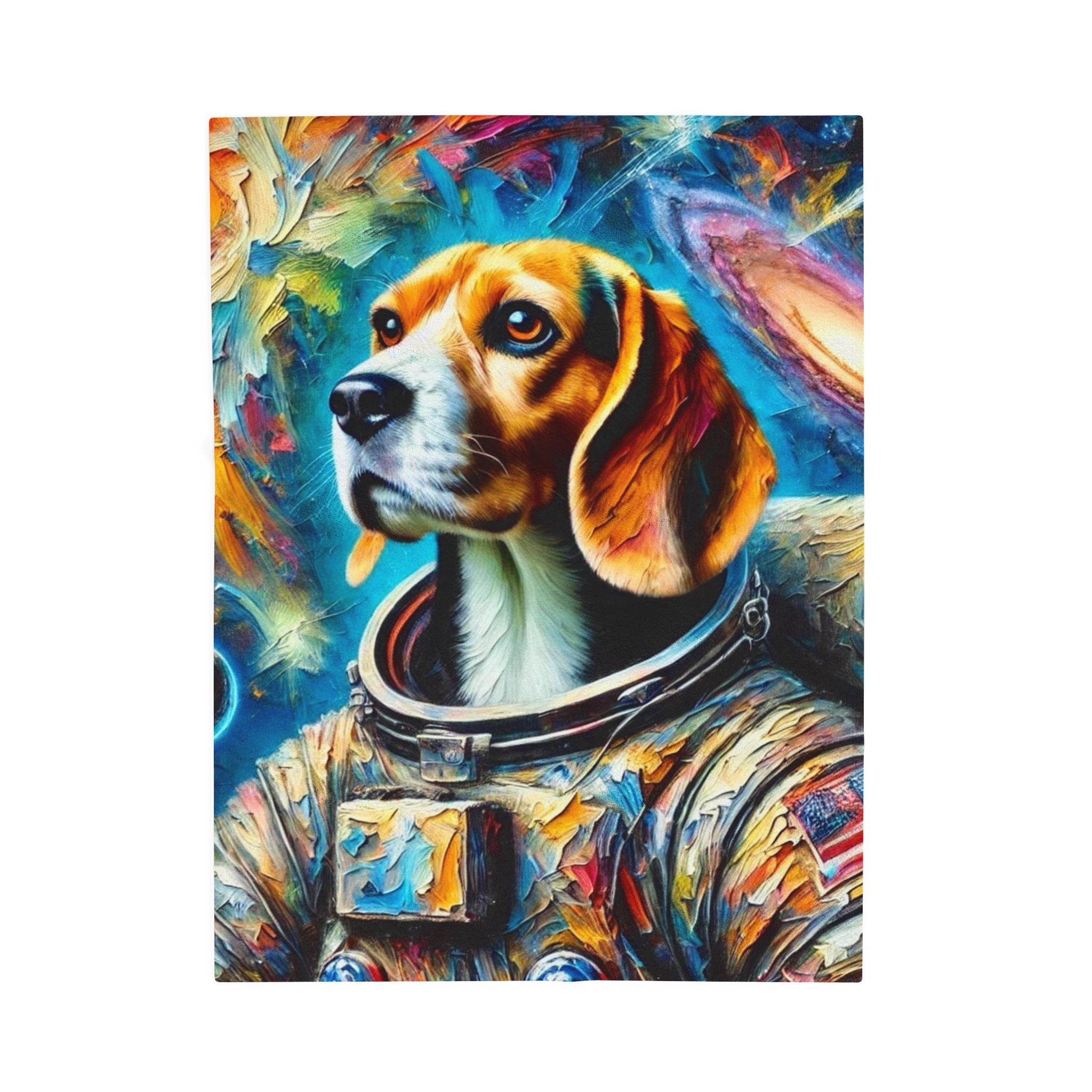 A colorful  basket of a beagle dog wearing an astronaut suit, set against a swirling cosmic background with planets and stars. 
