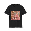 A black short-sleeve crewneck t-shirt featuring a square graphic print of an elegant bulldog dressed in a pink floral gown, set against a plain white background.