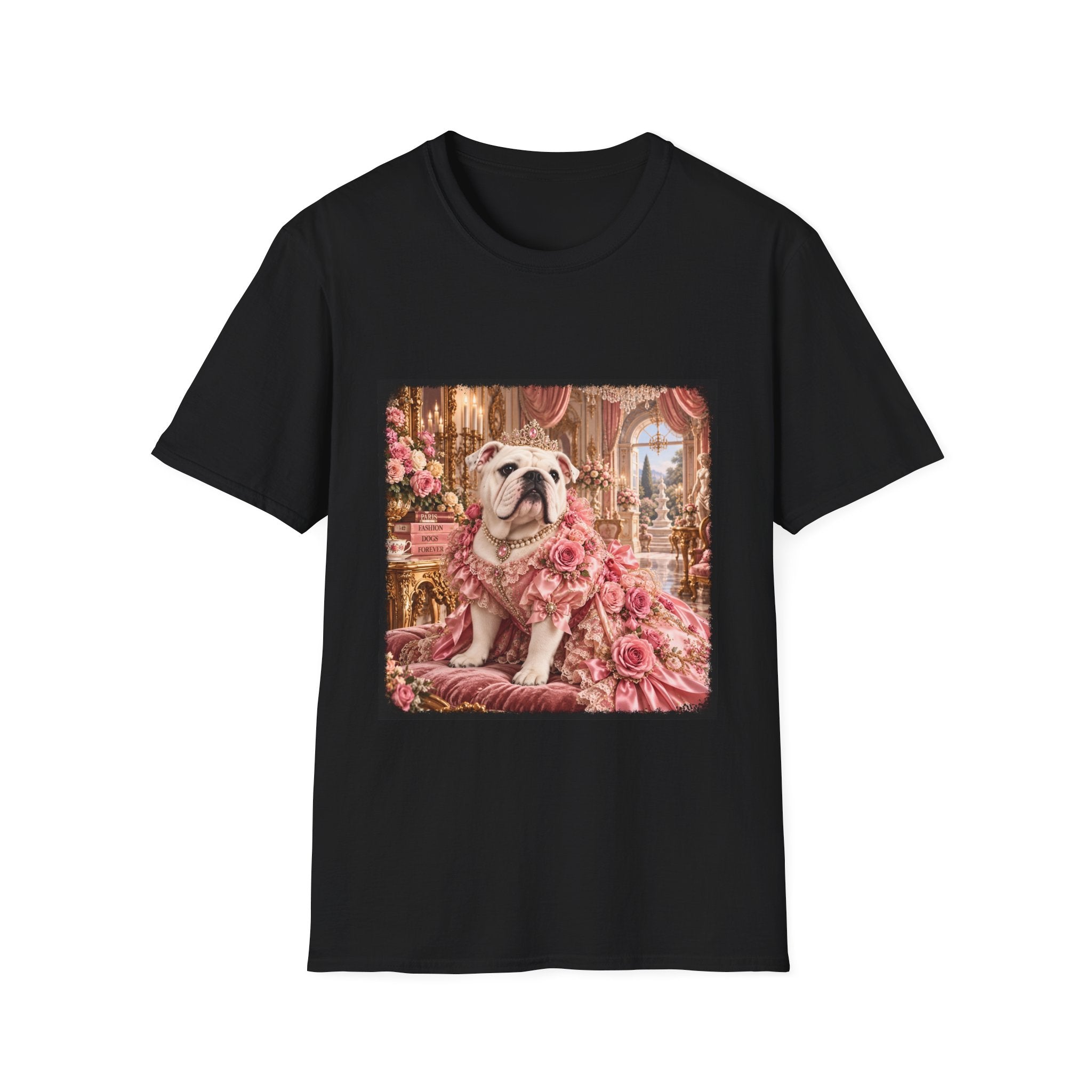 A black short-sleeve crewneck t-shirt featuring a square graphic print of an elegant bulldog dressed in a pink floral gown, set against a plain white background.