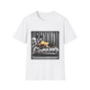 White dog t-shirt featuring a black and white boxer lounging on silver tufted couch in yellow jacket with striped wall.