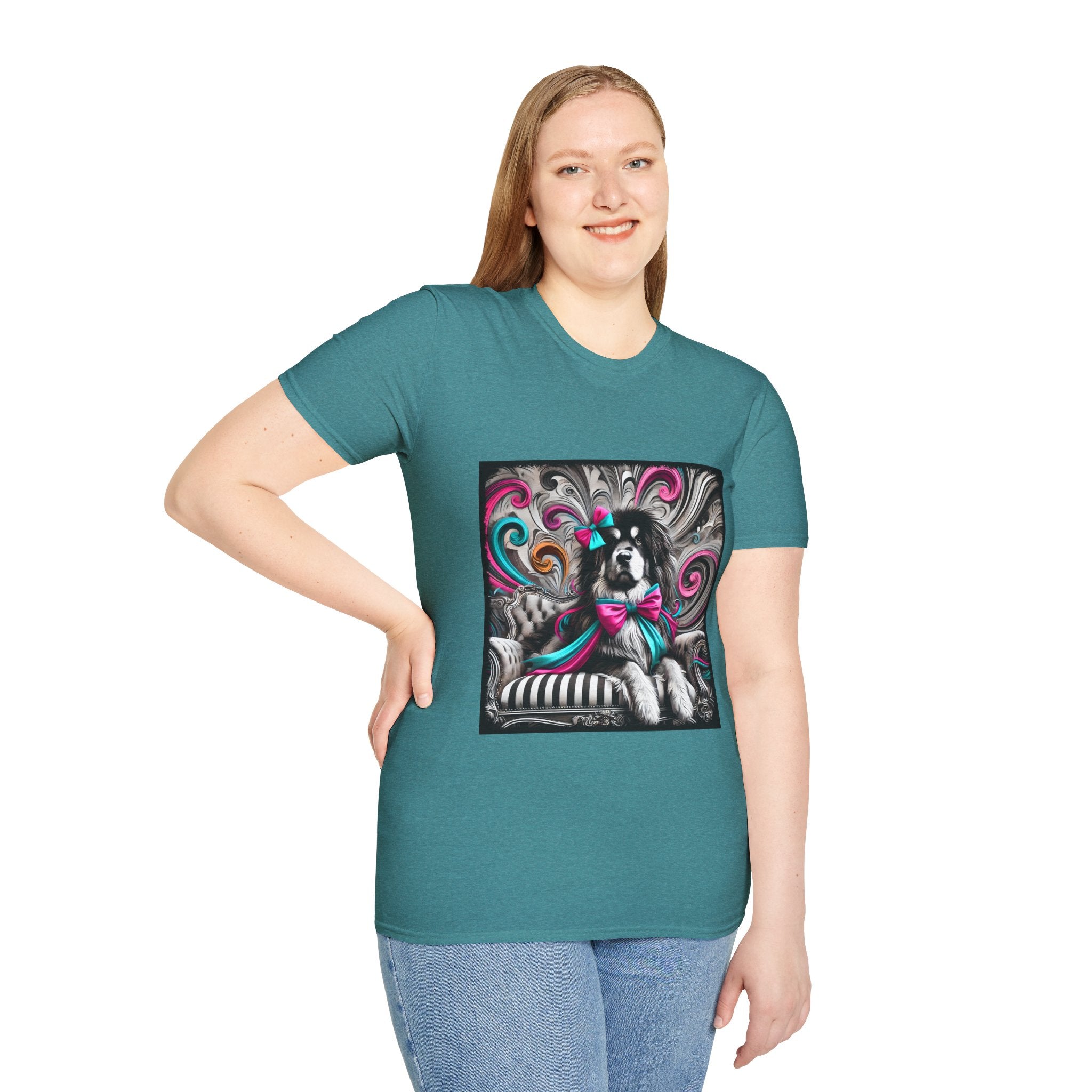 Tibetan Mastiff B&W Pink and Teal Bow | Unisex Dog T-Shirt
