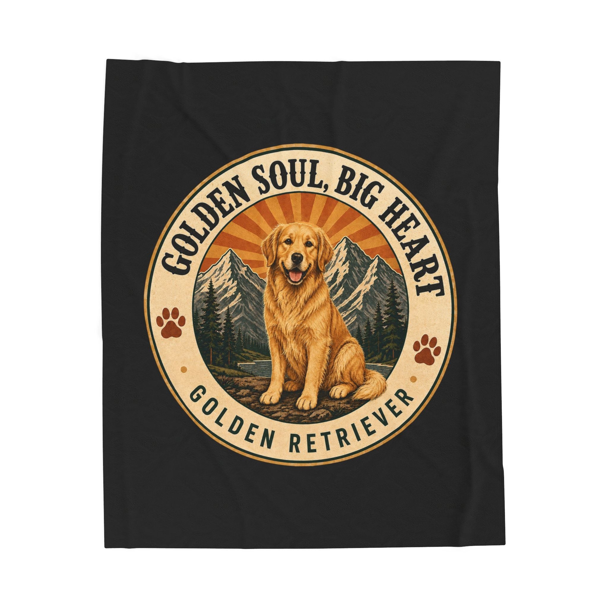A black square fabric item, likely a blanket or towel, featuring a large circular graphic print of a golden retriever dog sitting in front of mountains, with the text 'GOLDEN SOUL, BIG HEART' and 'GOLDEN RETRIEVER'.