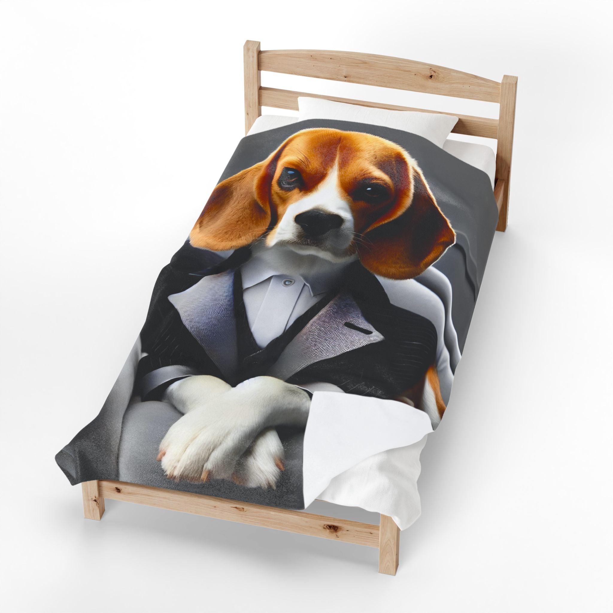 A single bed with a custom printed duvet cover featuring a beagle dog dressed in a black tuxedo and white shirt, shown on a light wood bed frame against a white background.