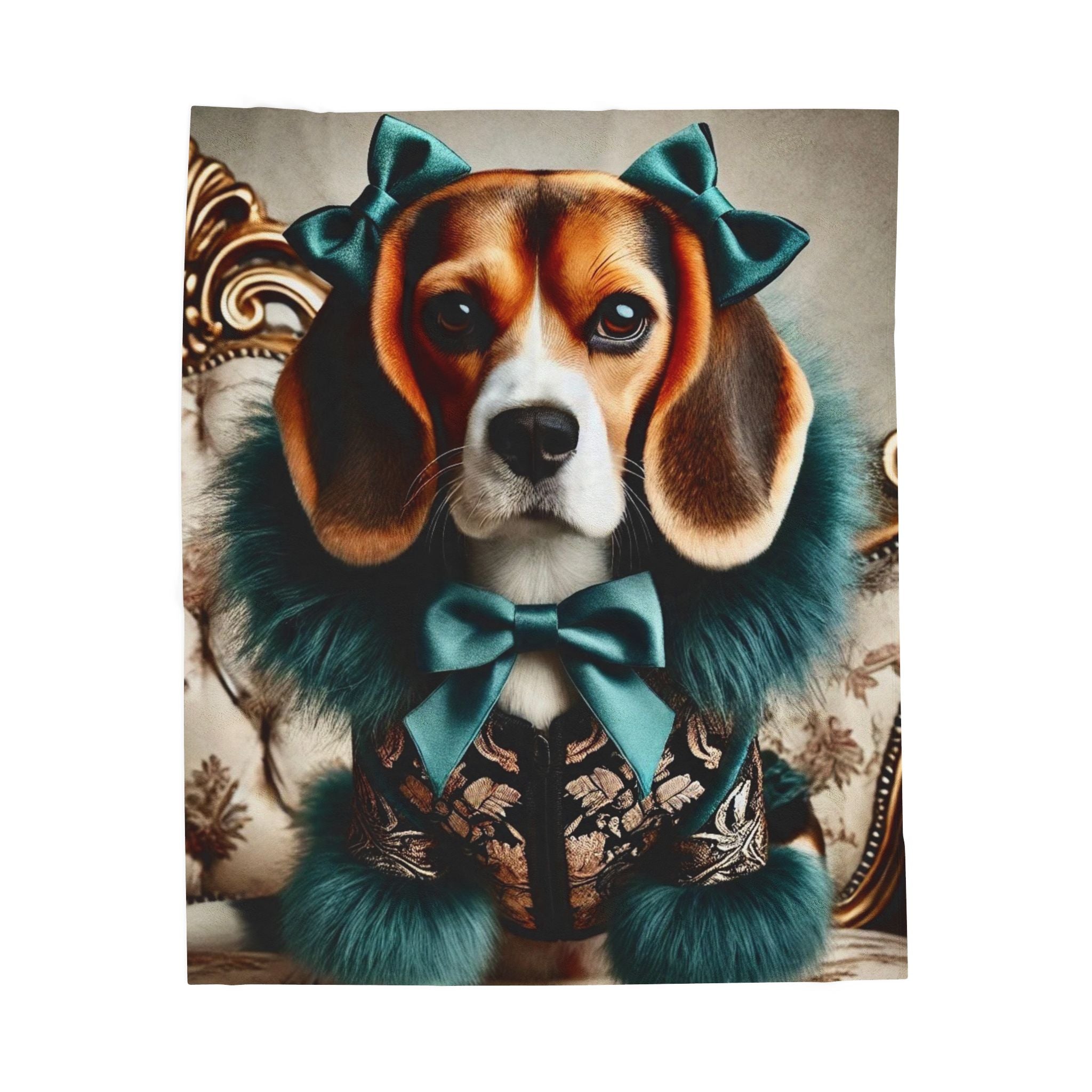 A blanket featuring a stylized portrait of a beagle dressed in formalwear, with teal bows and a patterned vest, shown against a light gray background.