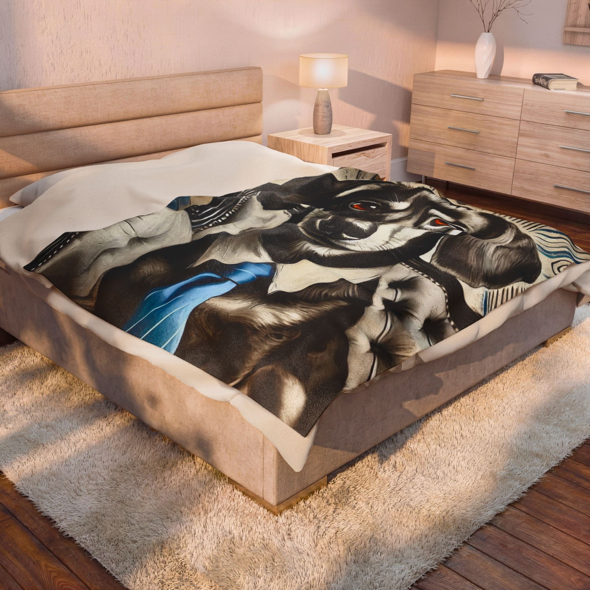 A bed in a styled bedroom setting with a large printed blanket or throw featuring a black-and-white dachshund illustration with blue accents, shown in a warm interior scene.