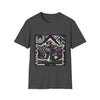 Dark heather dog t-shirt with black and white boxer in pink bow and varsity dress in pleated skirt, bold geometric black backdrop.